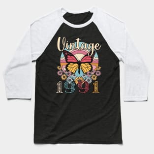 Floral Butterfly Retro Vintage 1991 32nd Birthday Baseball T-Shirt